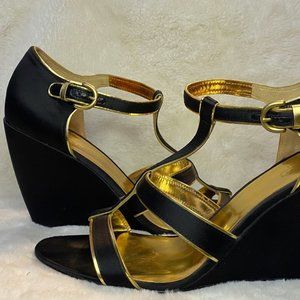 Coach| Black Satin Wedge with Gold Trim Sandal- Size 9
